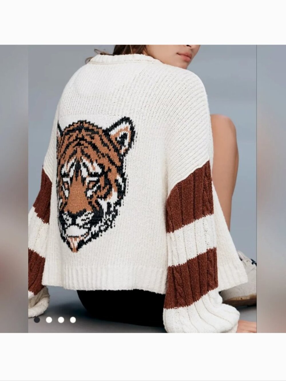 Anthropologie Cable Knit Tiger Graphic Zip Sweater Zipper Front Cardigan size L